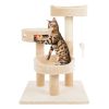 3-Tier Cat Tree - 2 Carpeted Napping Perches, Sisal Rope Scratching Post, Hanging Mouse, and Interactive Cheese Wheel Toy by (Tan)