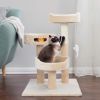 3-Tier Cat Tree - 2 Carpeted Napping Perches, Sisal Rope Scratching Post, Hanging Mouse, and Interactive Cheese Wheel Toy by (Tan)